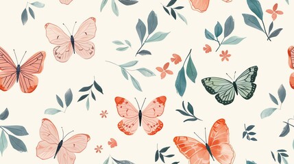 Whimsical hand-drawn butterflies and flora with leaves, seamless pastel design