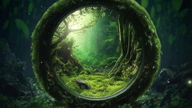 Misty mossy forest tree fairy tale in circe frame with flying fireflies.	
