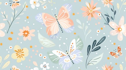 Fototapeta premium Whimsical pastel butterfly and floral pattern with leaves, hand-drawn seamless design