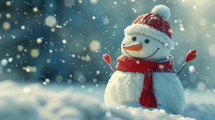 Panoramic view of happy snowman in winter secenery with copy space