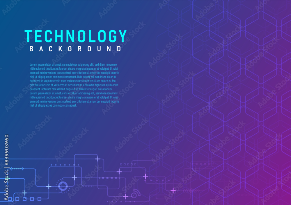 Poster abstract technology background right hexagonal outline with bottom circuit lines and elements on the