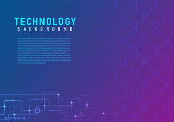 Abstract Technology Background Right hexagonal outline with bottom circuit lines and elements On the left side there is space to place text with a blue-purple gradient background.