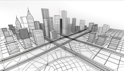 Fototapeta premium 建築デザイン 都市計画 都市スケッチ 未来都市 スカイライン モダン建築 インフラストラクチャー 都市開発 都市景観 建設プロジェクト