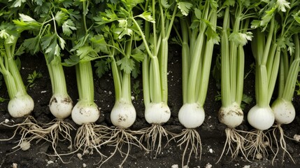 Obraz premium green celery stalks and white leeks with their roots above the ground generative ai