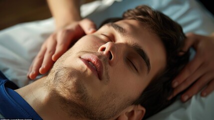 A young man receives a relaxing neck massage on a bed, focusing on stress relief and tranquility for wellness and self-care.