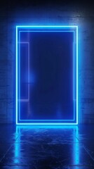 Big blue neon glowing blank photo frame on dark background of empty room, for graduation party event poster, advertising, stylish modern product display, nightclub logo frame, HD wallpaper, background