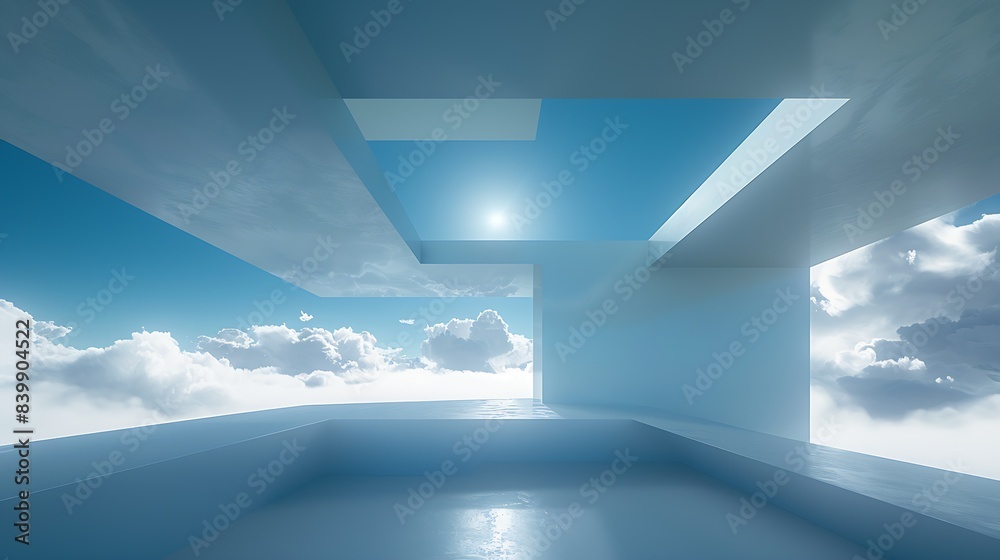Aufkleber white background with an open wall in the center, a flat blue sky above and clouds below : generativ