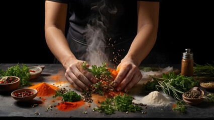 An experienced chef's hands seasoning a freshly made plate of food