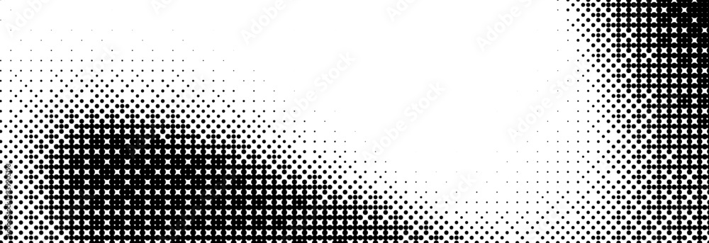 Poster Bitmap grunge gradient texture. Black and white pixelated dither wave pattern. Abstract glitch 8-bit game wallpaper. Retro wide wavy rasterized backdrop. Pixel art background. Vector illustration
