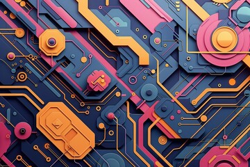 Obraz premium Technology-themed vector paper cut background with interconnected data lines and shapes