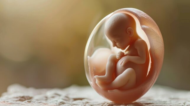Photorealistic image of a human fetus inside the womb, representing prenatal development and the beginning of life.