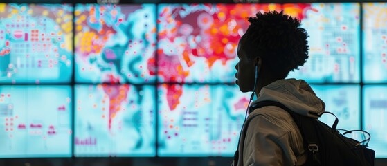 Silhouette of a person with headphones looking at a colorful world map display, symbolizing global connectivity and travel.