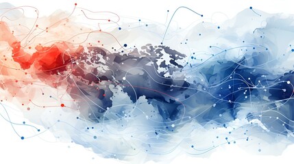 A world map with blue and red lines representing