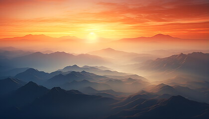 sun rising over clouds and mountains, generative ai