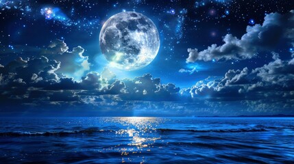 Romantic Moon With Clouds And Starry Sky Over Sparkling Blue Water, generative ai