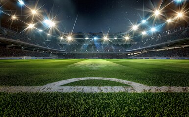 Illuminated Soccer Stadium with Enthusiastic Fans Under Glowing Night Lights - 3D Rendering of Field and Spectators in Photorealistic Style