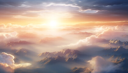 sun rising over clouds and mountains, generative ai
