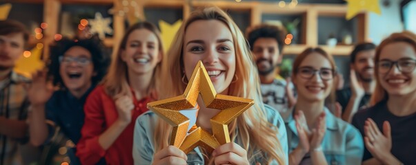 A team leader holding a gold star award while team members cheer and applaud in a vibrant office setting