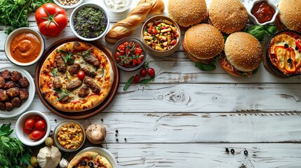 A variety of delicious foods are arranged on a rustic table. There are pizzas, burgers, salads, and more. The food is all fresh and looks delicious.