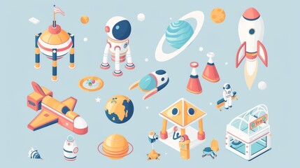 Isometric set of colorful space objects, including rockets, planets, astronauts and spacecraft.