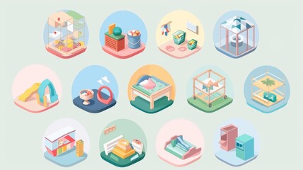 Isometric illustrations of various home interiors and furniture.