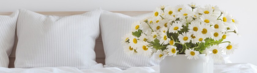 Obraz premium A white vase with yellow flowers sits on a nightstand next to a lamp. The scene is peaceful and calming, with the flowers adding a touch of natural beauty to the room
