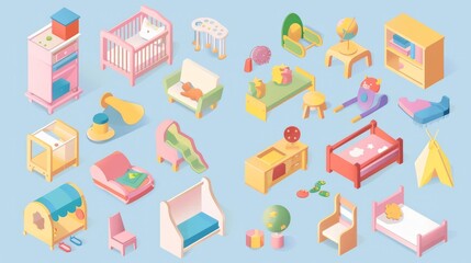 Isometric 3D illustrations of baby furniture and toys for bedroom, nursery and playroom.