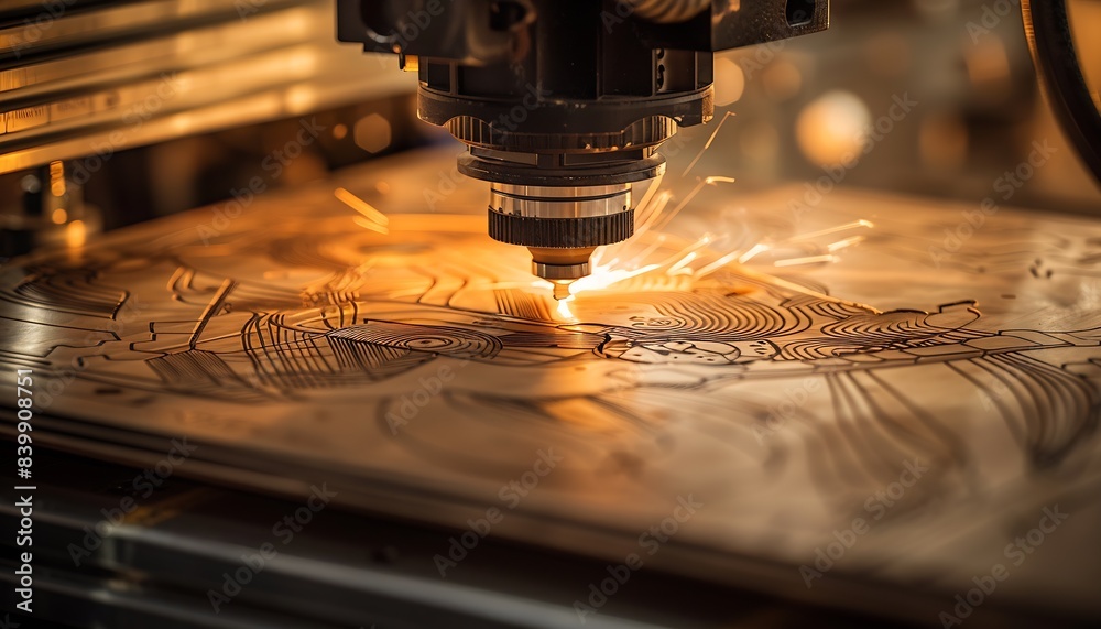 Poster a laser machine engraving a design on a piece of wood with the laser beam showing. : generative ai