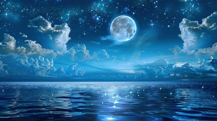 Romantic Moon With Clouds And Starry Sky Over Sparkling Blue Water, generative ai