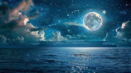 Romantic Moon With Clouds And Starry Sky Over Sparkling Blue Water, generative ai