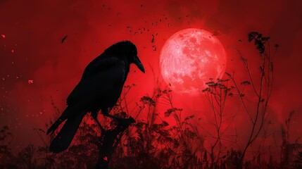 Fototapeta premium Crow below, silhouetted by the magic moonlight, with a haunting blood-red sky, creating an eerie and captivating image