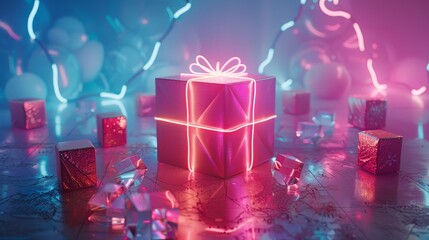 Creative shot of a gift box adorned with neon wires, reflective cubes scattered around, set against a dynamic, vibrant backdrop