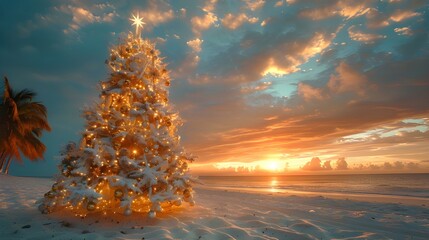 Large white Christmas tree with gold decorations standing on sandy beach, palm trees surreal sunset background, creating a perfect contrast between winter and summer christmas festive season wallpaper