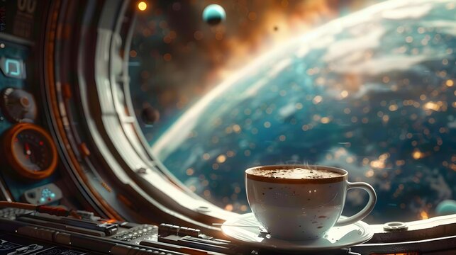 Coffee in Zero Gravity Concept for Futuristic Space Caf - Powered by Adobe