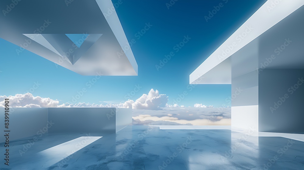 Poster white background with an open wall in the center, a flat blue sky above and clouds below : generativ