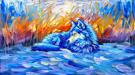 Horizontal oil painting of an Arctic Wolf