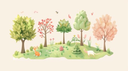 Spring renewal, with illustrations of trees budding, grass growing, and animals emerging from hibernation