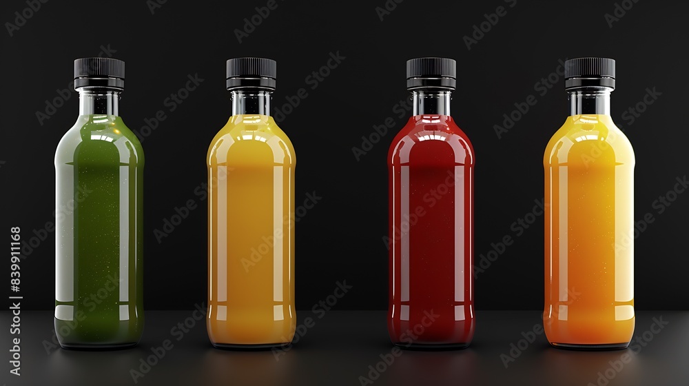 Poster 4 juice bottles with black label no name : Generative AI