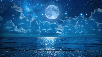 Romantic Moon With Clouds And Starry Sky Over Sparkling Blue Water, generative ai