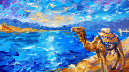 Horizontal oil painting of a Camel