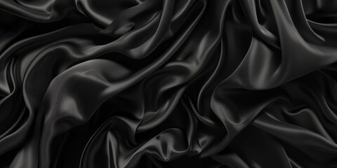 Obraz premium Luxurious Fabric Textile Decoration for Posters, Banners, and Cover Designs - HD Wallpaper with Smooth Black Silk Folded Cloth Background，Empty smooth black silk fabric folded cloth background