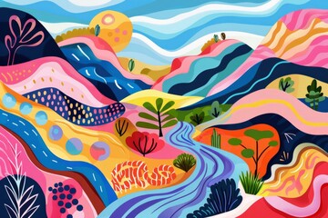 Obraz premium Cartoon cute doodles of a dreamy landscape with rolling hills and winding rivers, painted with the vibrant colors and fluid, Generative AI