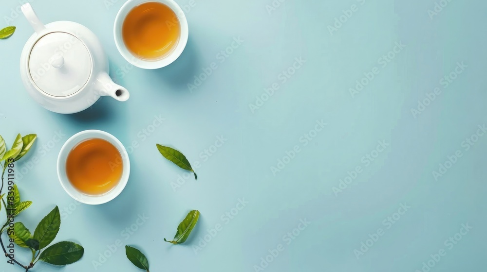 Wall mural top view of two cups and white teapot with green tea leaves on pastel blue background flat lay, spac - Wall murals