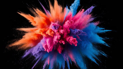 An explosion splash of colorful powder, an abstract splatter of colored dust powder.