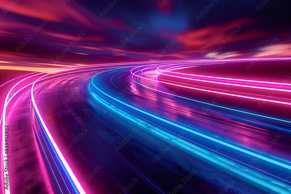 Poster colorful road with neon lights, in the style of smooth and curved lines : generative ai