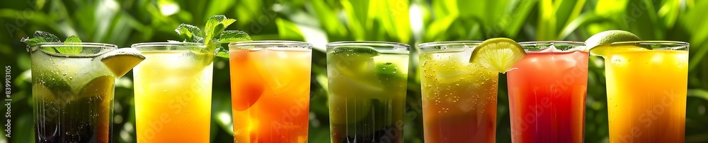 Poster 8 refreshing glass cups of juice. surrounded by sugarcane. with a greenscreen background : generativ