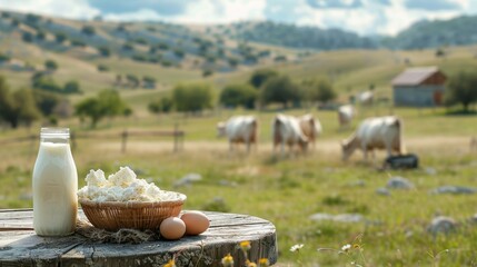 Fototapeta premium Close-up of a wooden table with milk, cheese, eggs, and cottage cheese, farm meadow and grazing cows in the backdrop, perfect for promotional use