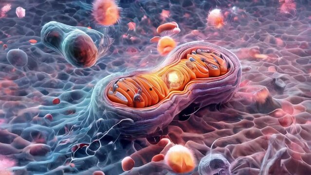 Illustration depicting mitochondria in action, producing energy within animal cells, highlighting the processes of biochemistry and metabolism