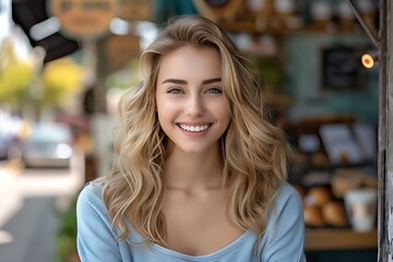 smiling pretty blonde business owner in front of a small town shop : Generative AI
