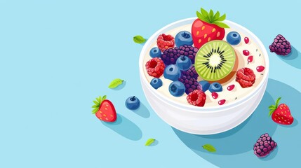 Clean, Isometric illustration of a smoothie bowl topped with fresh fruits, symbolizing healthy eating and vibrant colors, with space for text